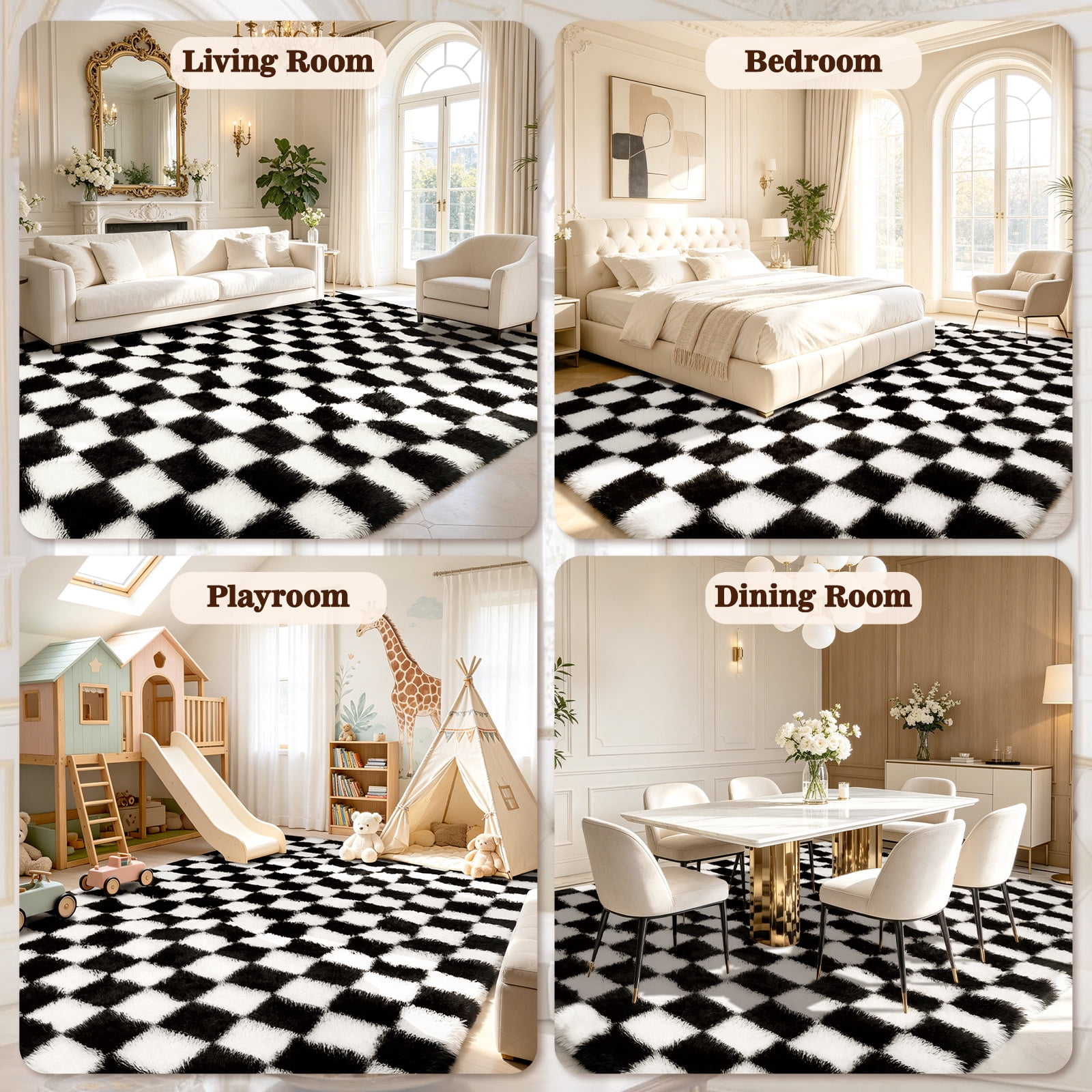 ZRSDIXK 8'x10' Area Rugs for Living Room, Large Shag Fluffy Rug Checkered Carpet, Black & White