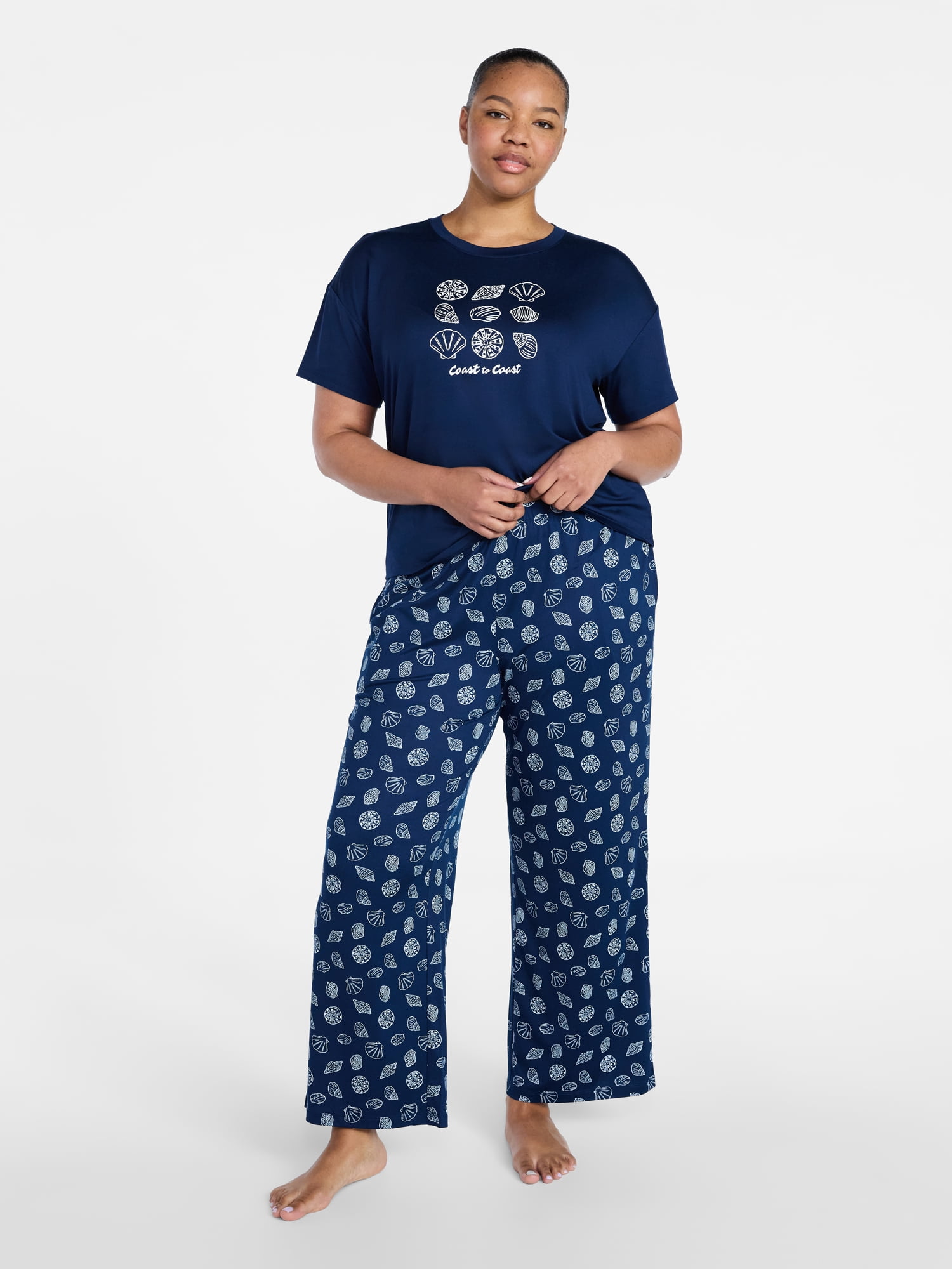 Joyspun Women's Dreamy Soft Collection Short Sleeve Sleep Top and Open Leg Pants Set, 2-Piece, Sizes XS-3X