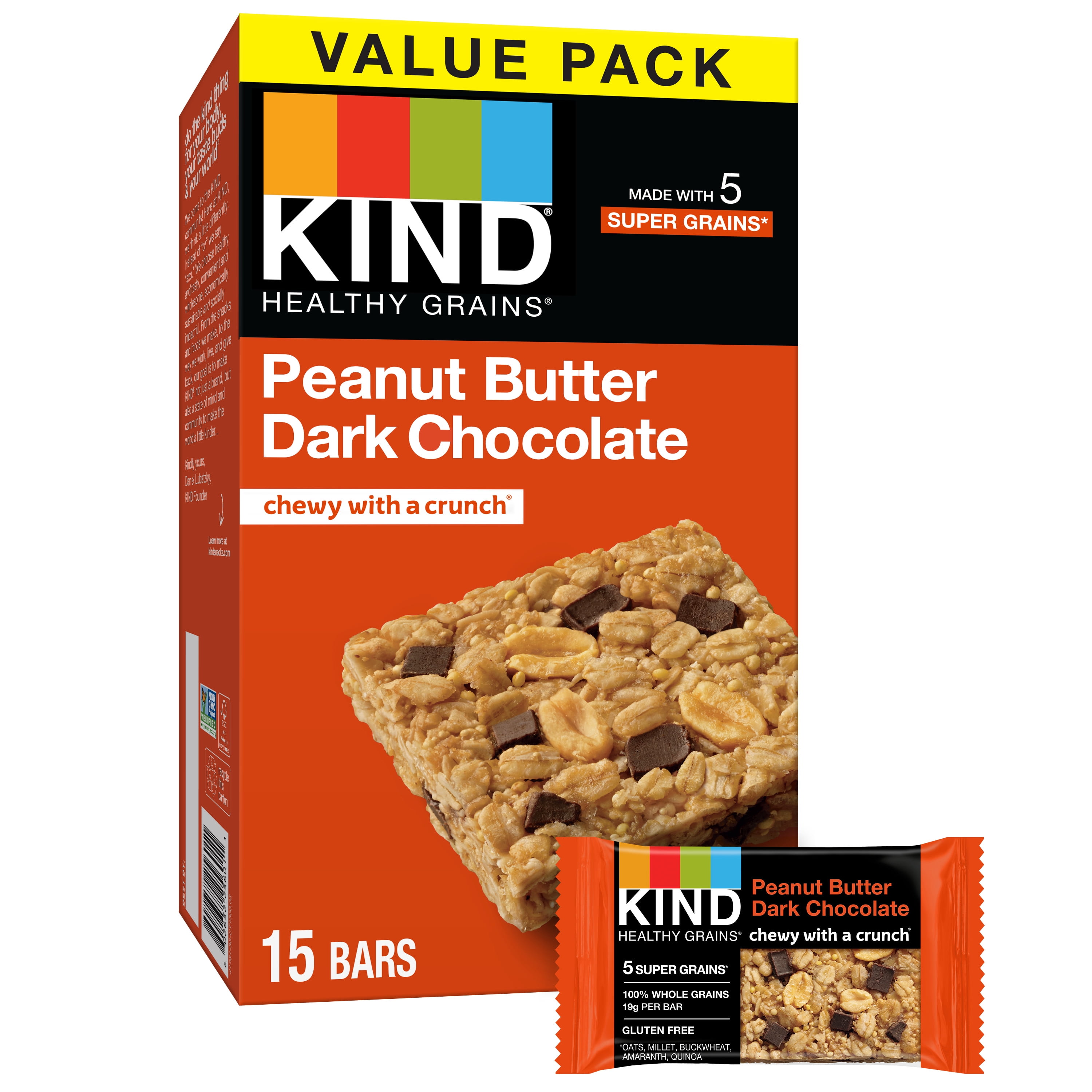 KIND Healthy Grains Bar, Peanut Butter Dark Chocolate, 1.2 oz, 15 Count