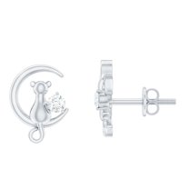 Rosec Jewels Cat on Moon Stud Earrings with Diamond for Women (HI-SI Quality, April Birthstone), 18K White Gold