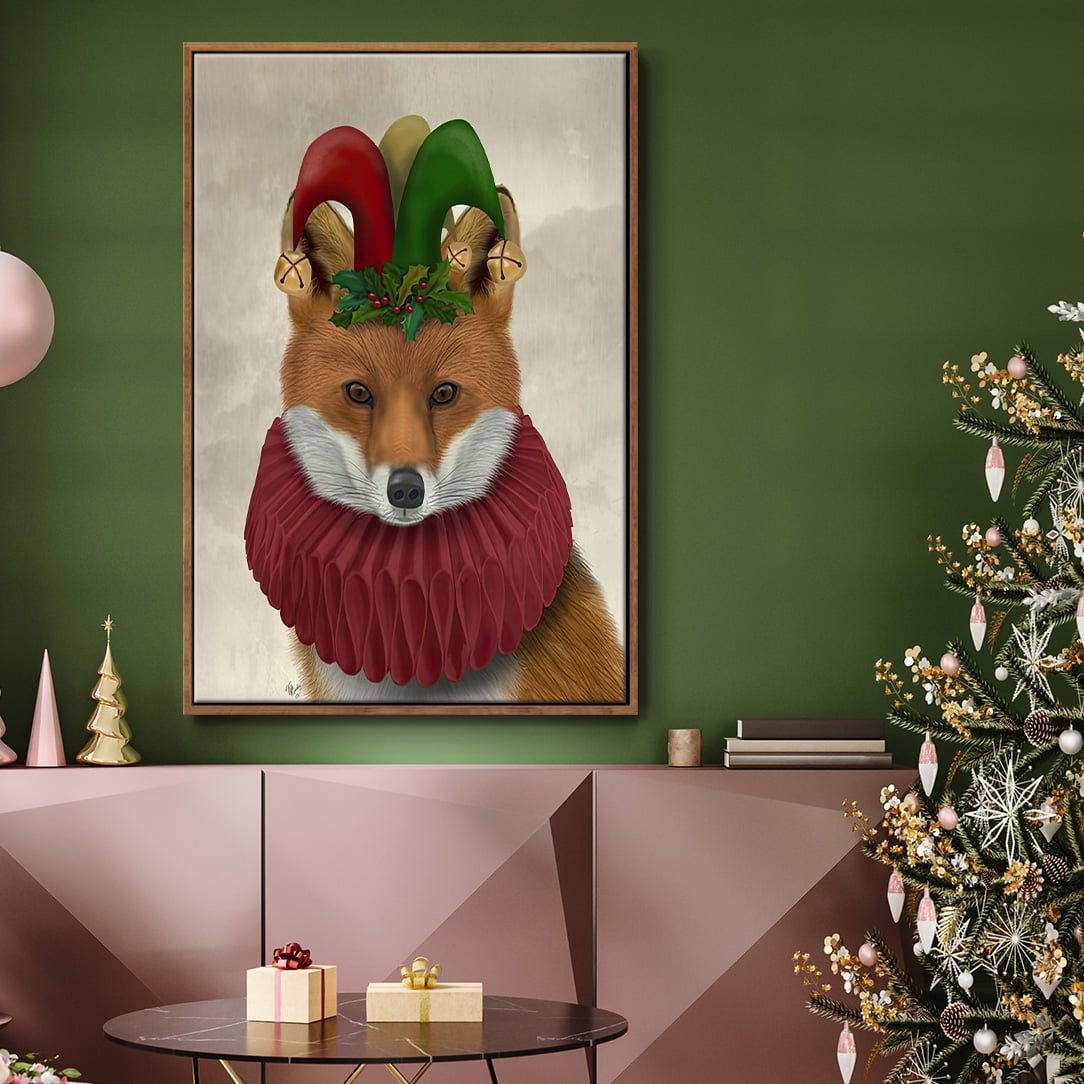 Christmas Foxy Christmas Fool - Framed Gallery Wrapped Holiday Canvas - 27 x 41 - Rosewood Frame
