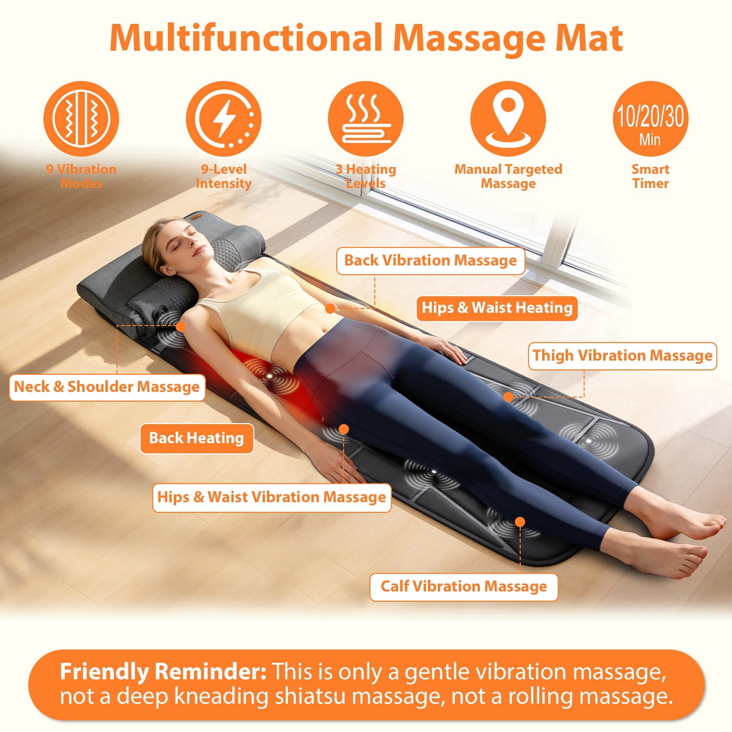 Full Body Massage Mat with 10 Pure Copper Motors, 9 Modes & 9 Intensity Levels Massage Pad with Heat, Timer Function, Overheat Protection, for Home Car Sofa Bed Use