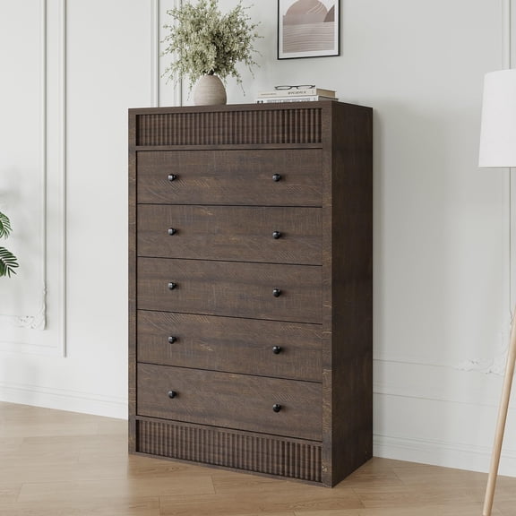 5 Drawer Tall Dresser for Bedroom, 31.5" Wide Fluted Chest of Drawers, Modern Wood Storage Cabinet for Kids Room, Hallway & Living Room, Walnut