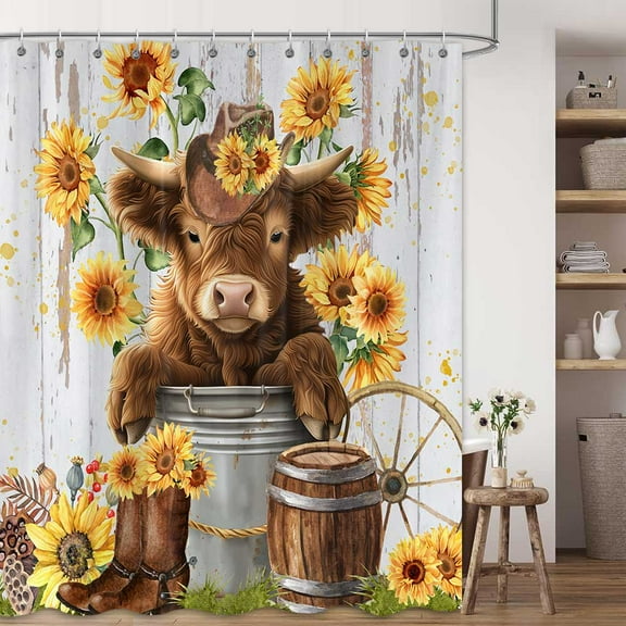 Highland Cow Shower Curtain for Bathroom, Cute Cow Farmhouse Rustic Sunflower Western Bathroom Decor Set, Funny Cattle in Bucket Waterproof Fabric Bath Curtains with 12 Hooks, 72x72 inch