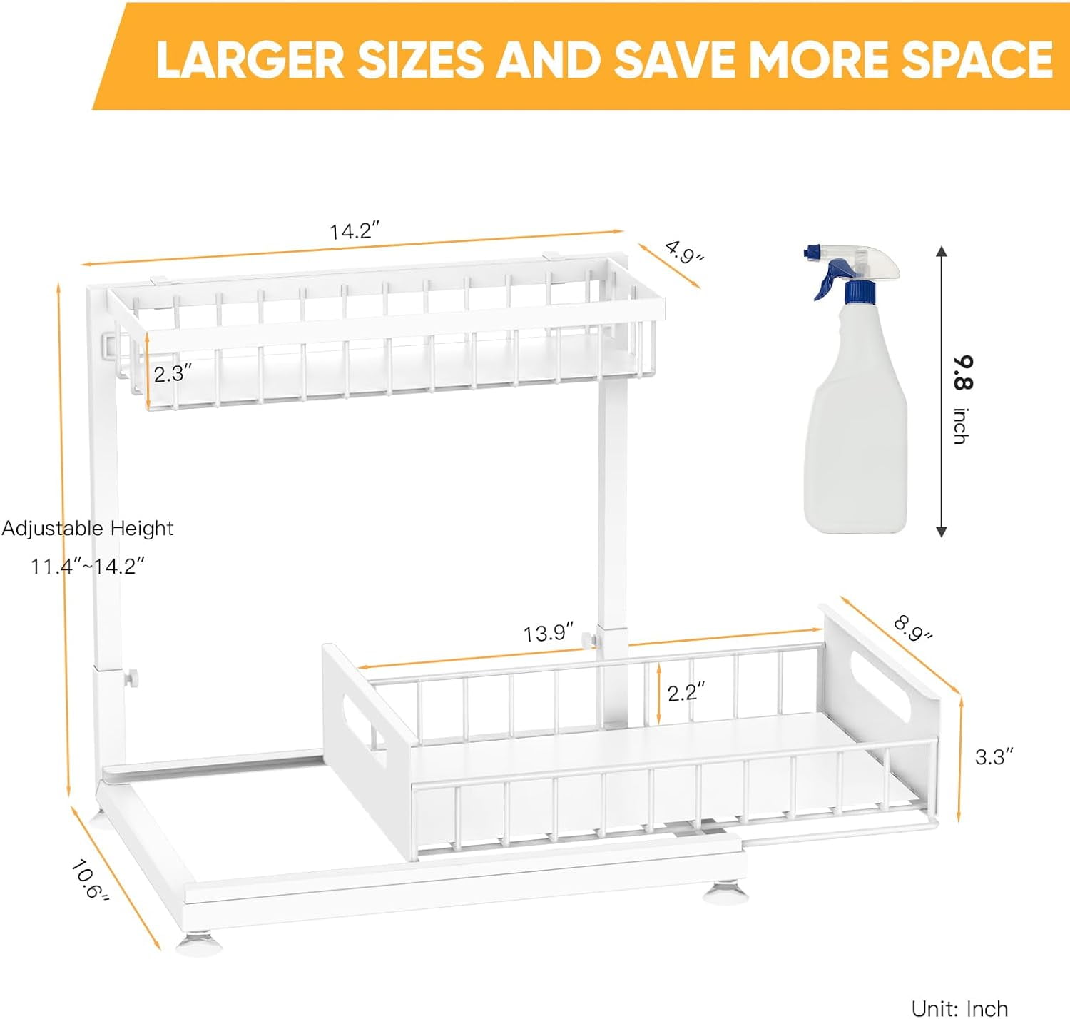 2 Pack Under Sink Organizer Storage 2-Tier Premium Metal Pull-Out Racks, Height Adjustable, Easy Installation | Kitchen & Bathroom Organizers White