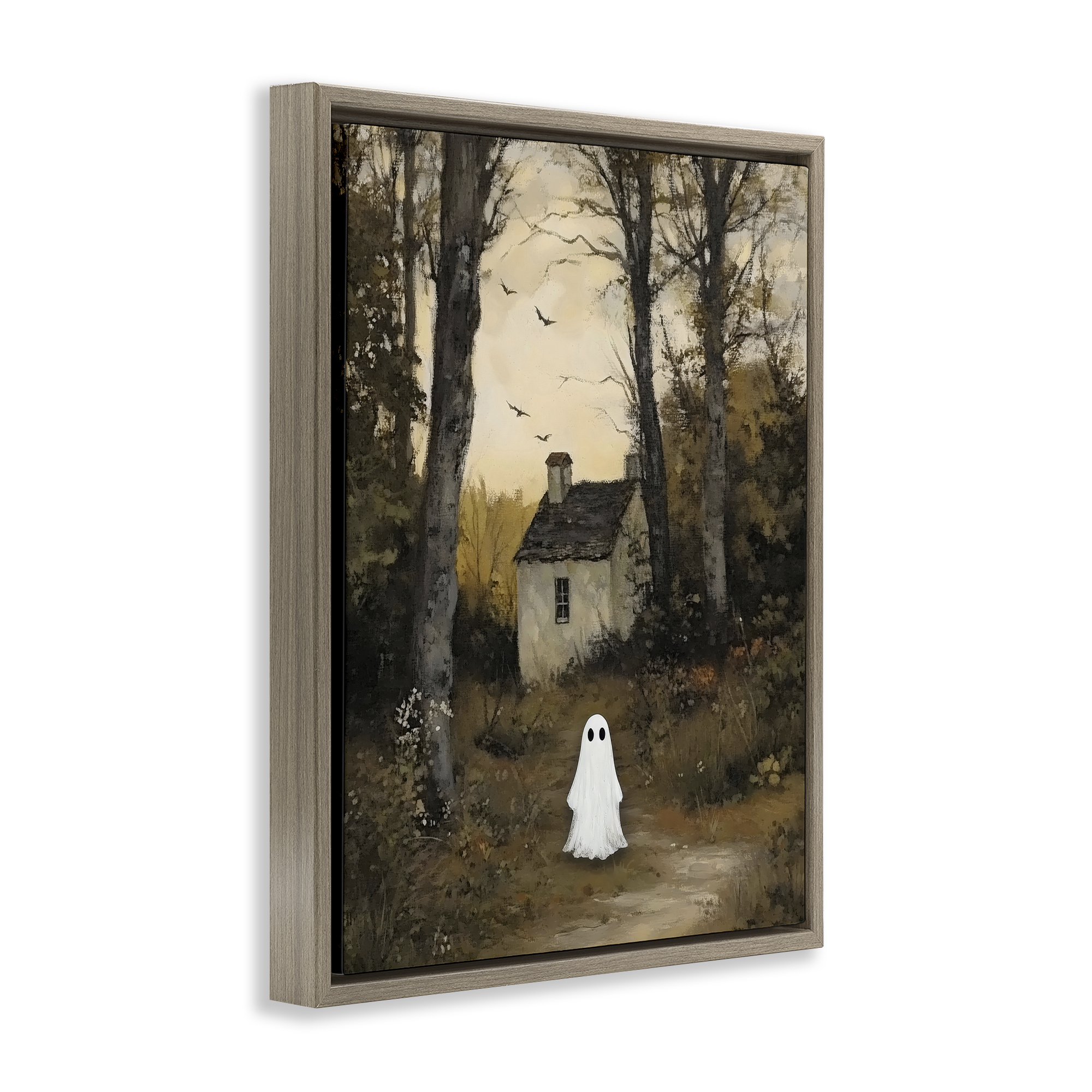 Little Ghost in Cottage Forest Brown Framed Floater Canvas Wall Art, design by Arlington Prints