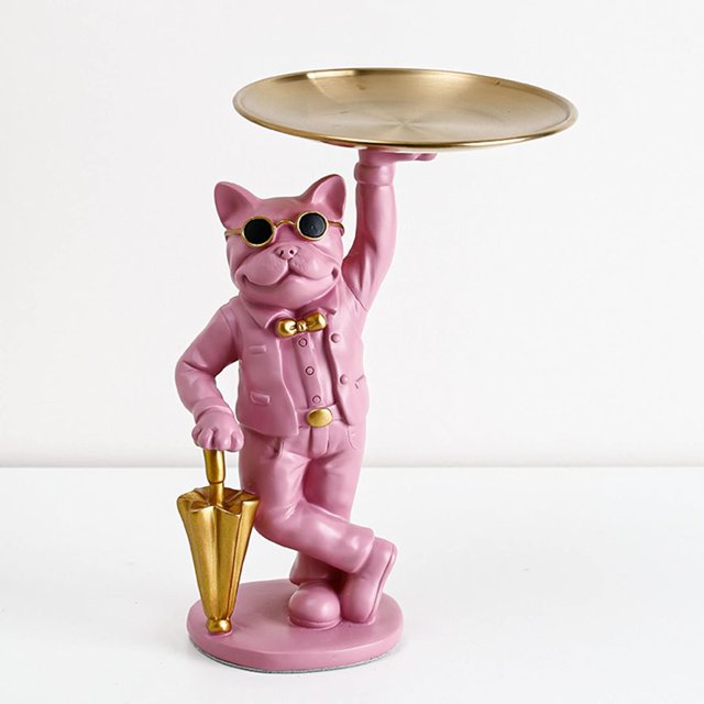 Storage Tray Cute Dog Sculpture Modern Art Desktop Decoration Resin Key Candy Home Small Jewelry Plate,Pink