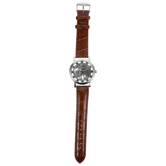 EeaseMX WINNER 036 Reloj de pulsera mecánico manual para hombre con esfera redonda hueca y correa de PU (plata y marrón)
