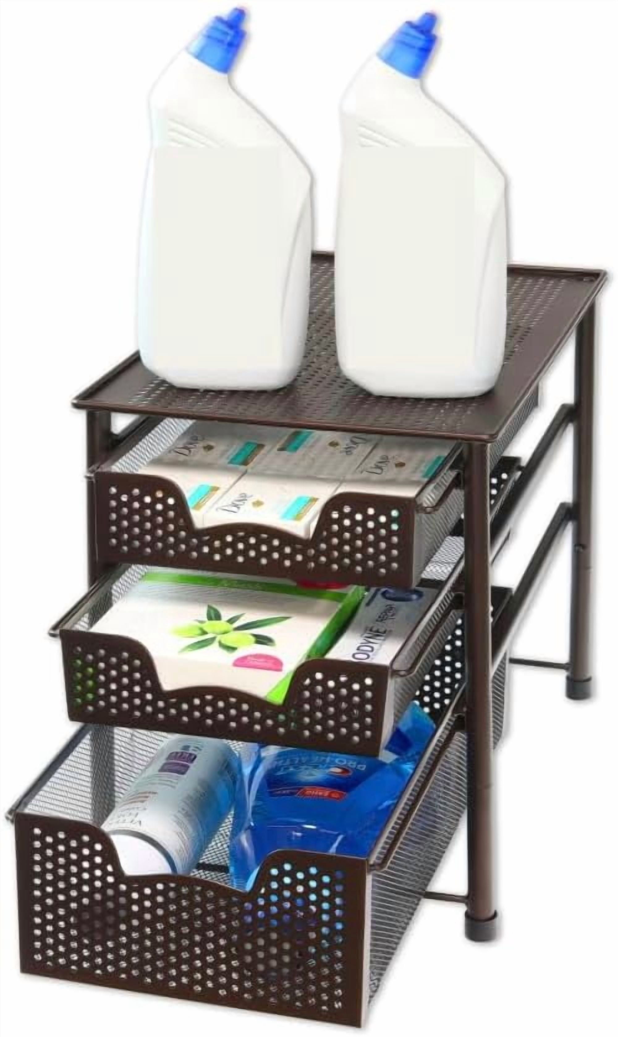 Stackable 3 Tier Sliding Basket Organizer Drawer, Bronze Finish, Kitchen Storage Rack, Space Saving Drawer Organizer, Adjustable Storage Solution