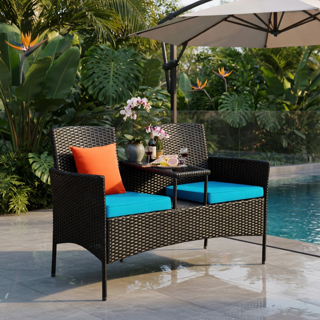 Hommoo Wicker Patio Conversation Set, Outdoor Sofa Set with Removable Cushions, Tempered Glass Table, Weather-Resistant Rattan, for Balcony, Poolside & Garden, Turquoise