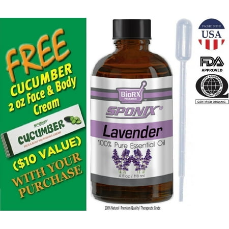 Lavender Essential Oil (4 fl Oz - 118 mL) - Aromatherapy Oil - Therapeutic Grade - 100% Pure & Natural - Includes FREE Pipette and Cucumber Face & Body Nourishing Cream by