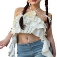 thumbnail image 2 of Women‘s Halter Crop Cami Tops Y2K Sleeveless Open Back 3D Rosette Layered Ruffle Camisole White S, 2 of 8