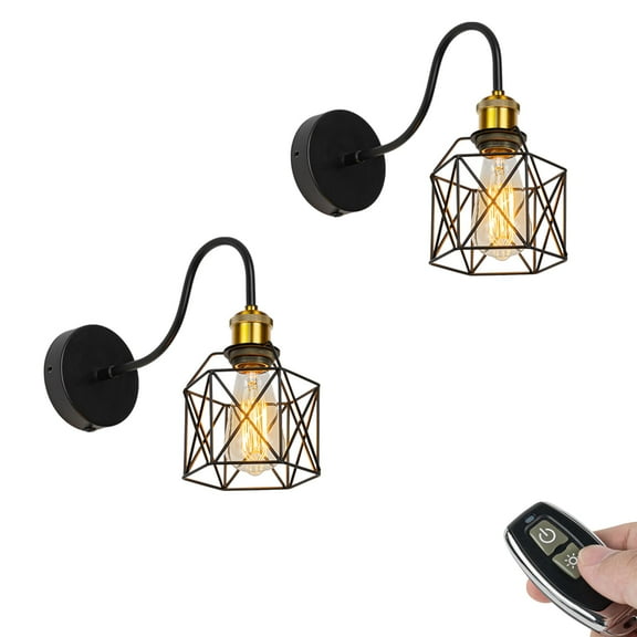 KAYYELAMP  Rechargeable Battery Light Remote Gooseneck Metal Wall Sconce Gold Base Cage Shade No Wire Required Vintage Minimalist 2-Lights for Bedside Doorway