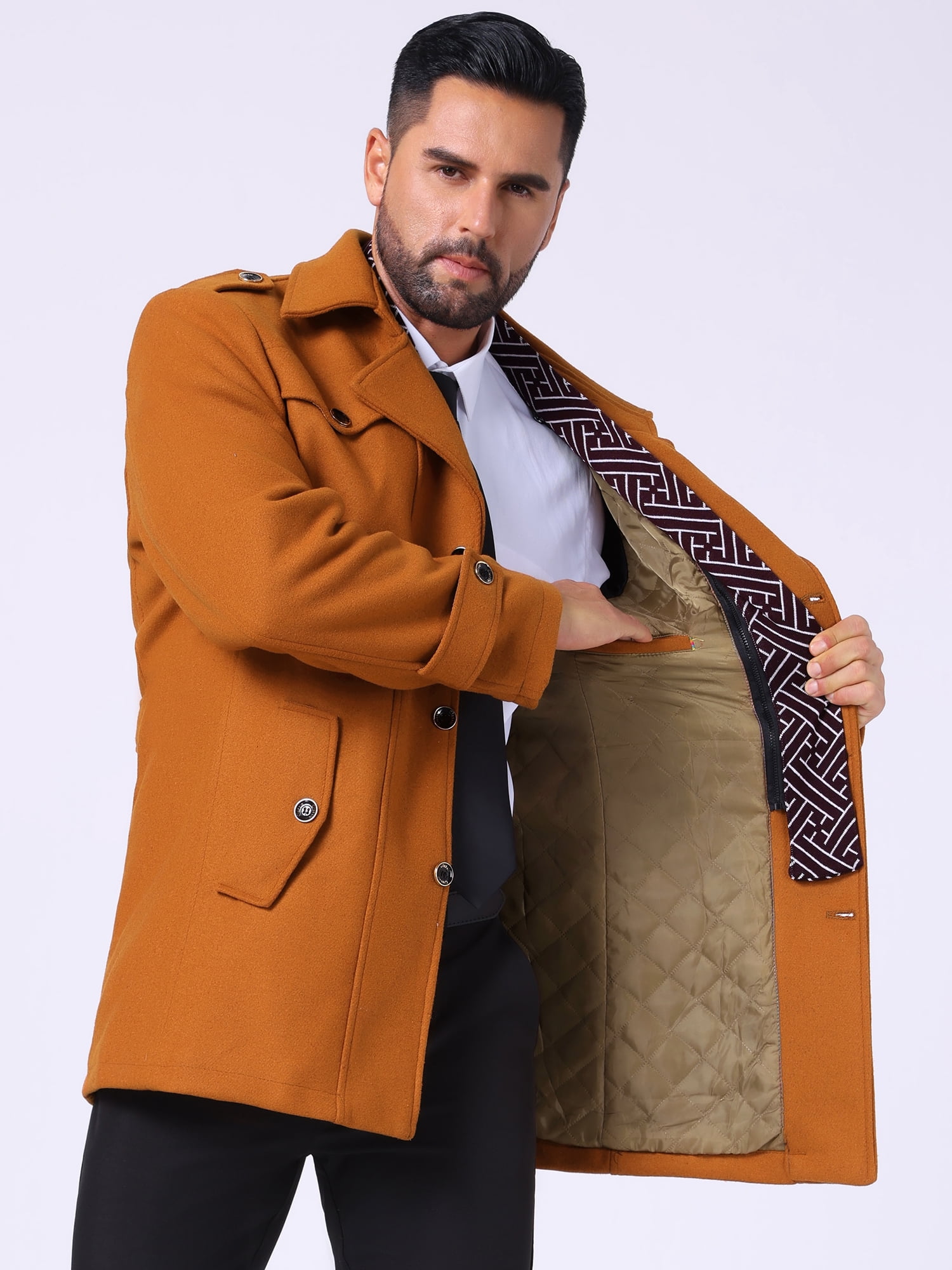 DARING DIVA Men's Mid-Length Overcoat Zipper Single Breasted Winter Coat M Caramel Brown