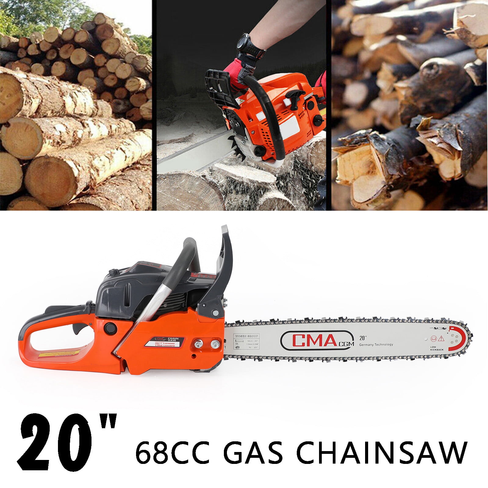 20" 68CC Gasoline Chainsaw Cutting Wood Gas Sawing Aluminum Crankcase
