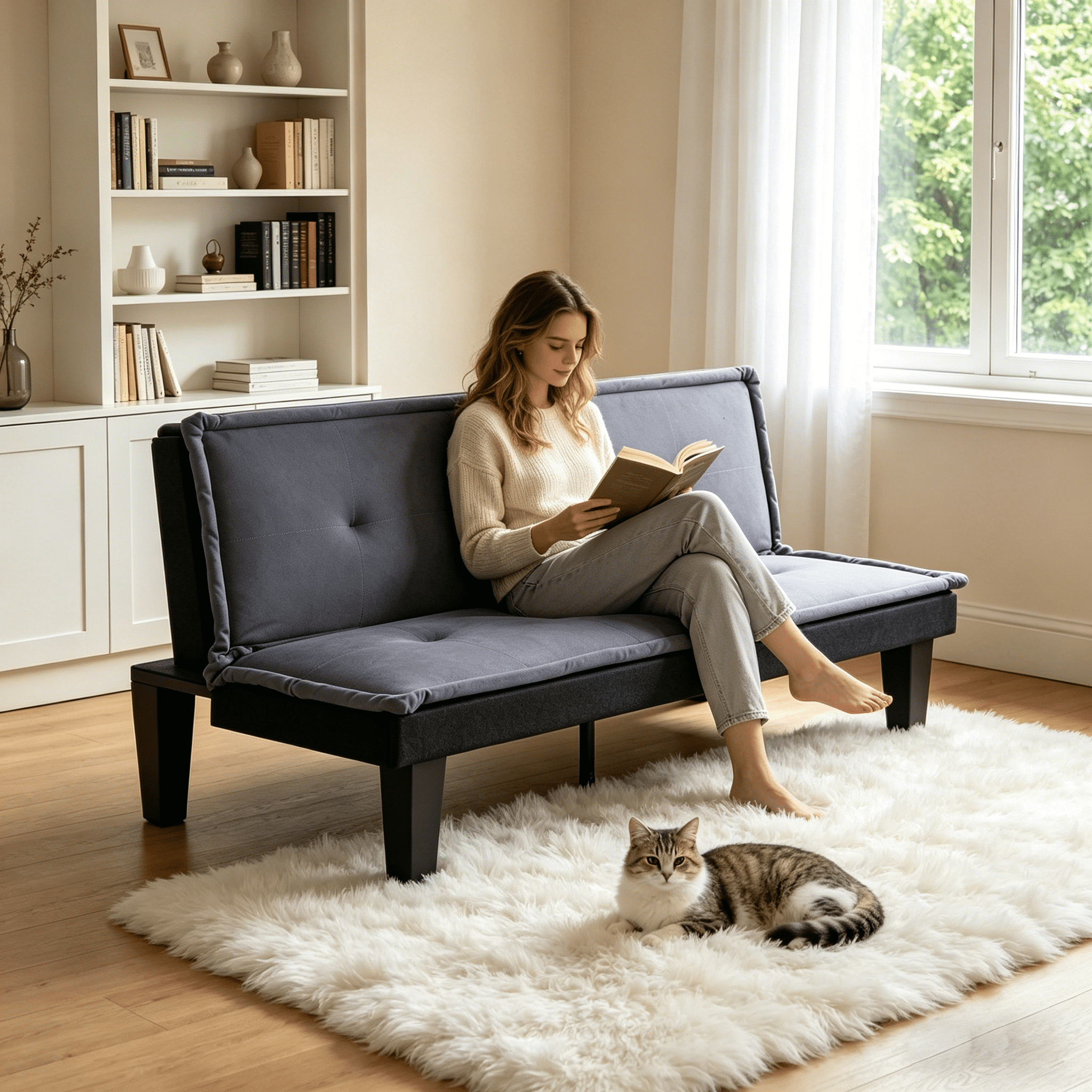 Gewnee 62.99”Faux Suede Futon Sofa Bed – 5-Position Adjustable Backrest,Convertible Sleeper,Metal & Wood Frame,for Home,Office,Guest Room.Dark Grey