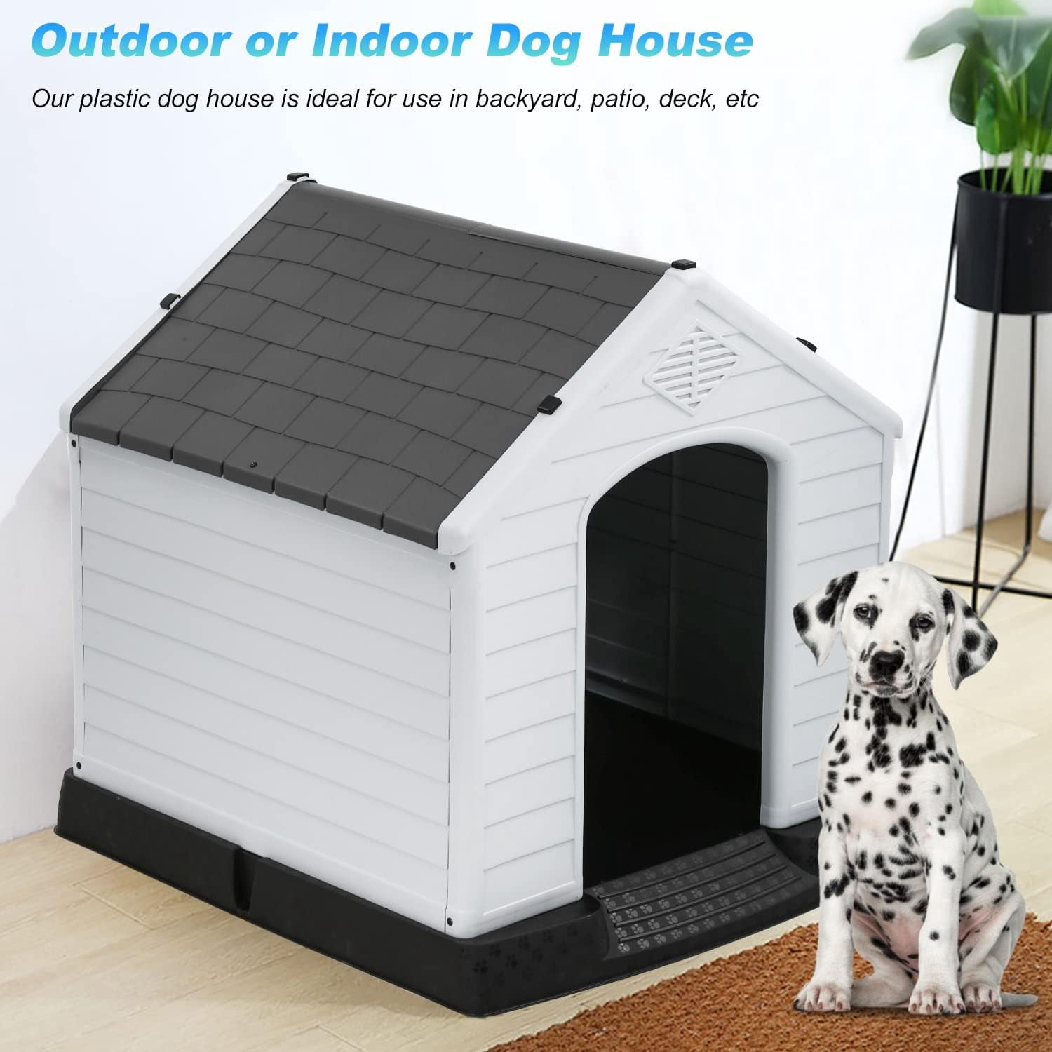 FDW Dog House Indoor Outdoor Durable Ventilate Waterproof Pet Plastic Dog House for Small Medium Large Dogs,34.5"L x 30.5"W x 32"H,Grey