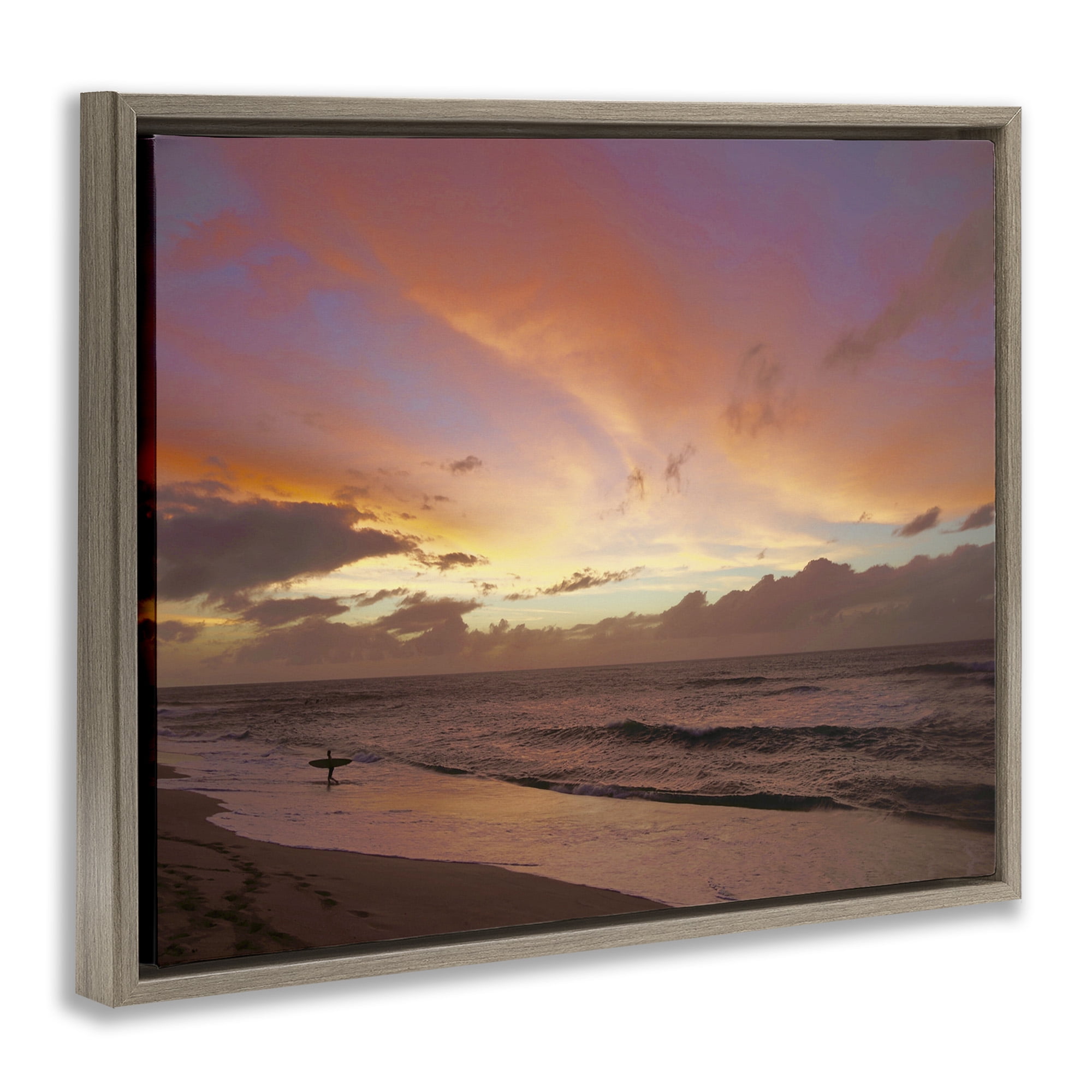 Stupell Industries Surfing Beach Waves at Sunset Nature Photography Brown Floater Framed Canvas Art Print Wall Art, 31 x 25