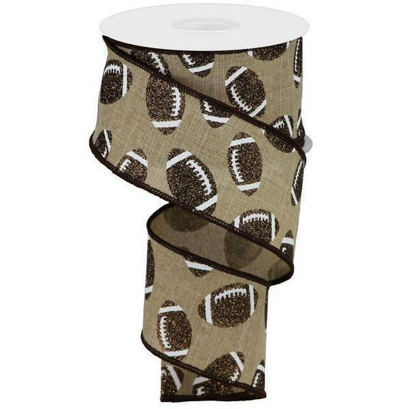 Glitter Football Wired Ribbon Brown and White Burlap 2.5" X 10 Yards (30 Feet)