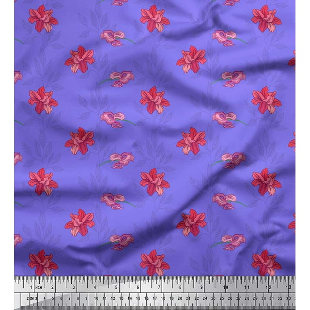 Soimoi Violet Popeline de Coton Feuilles & Lys Tissu Imprimé Floral 1 Yard 56 Inch Wide