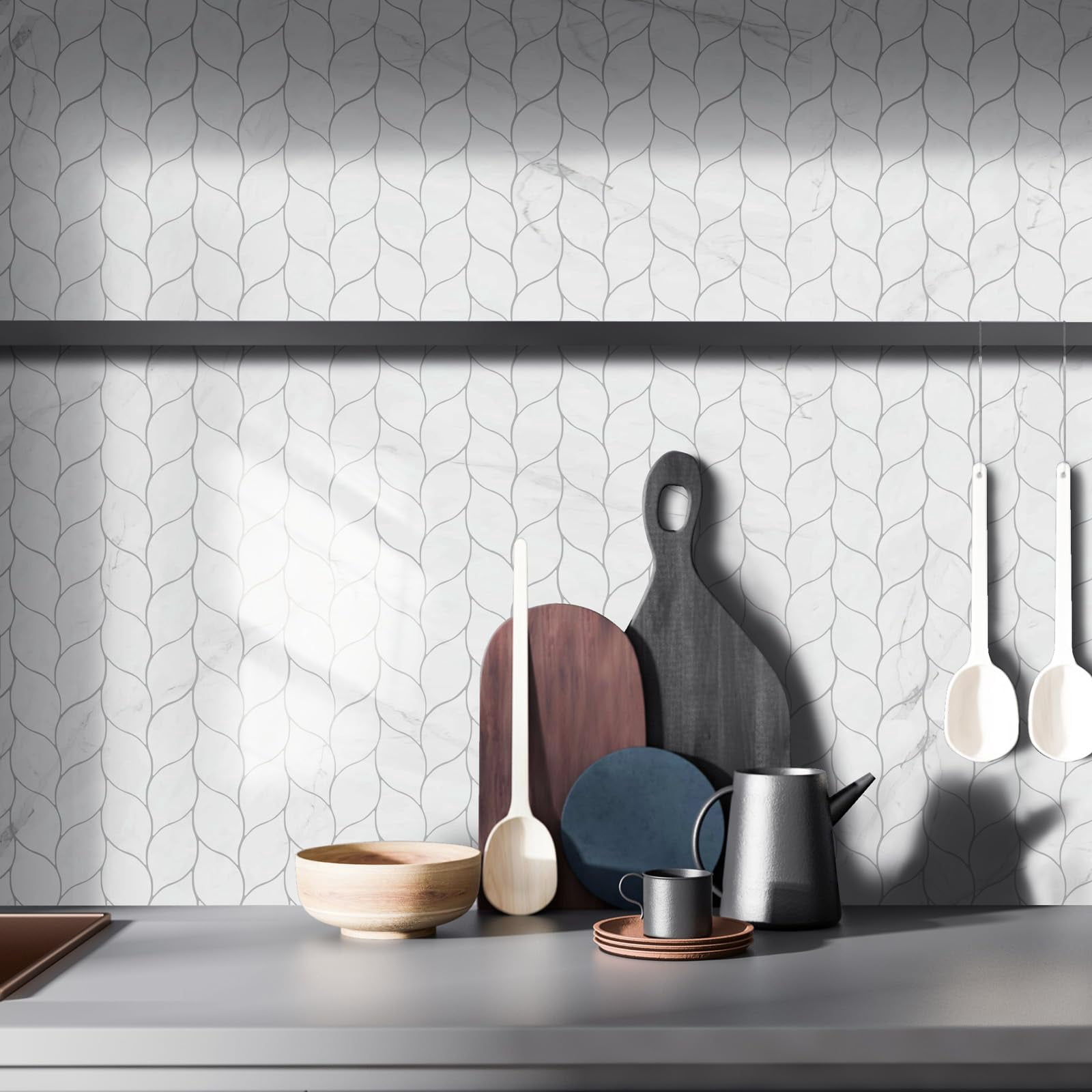 10-sheet Peel And Stick Backsplash Tile For Kitchen  Self-adhesive Mosaic Glossy Leaf On Wall With Gaps (calacatta White)