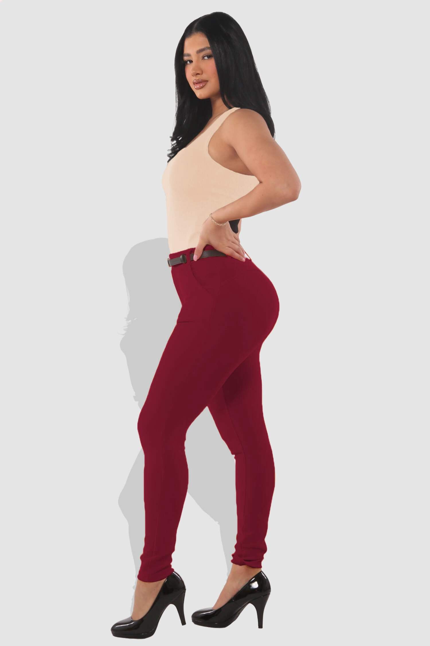 Sculpting Treggings With Faux Leather Belt - Zinfandel