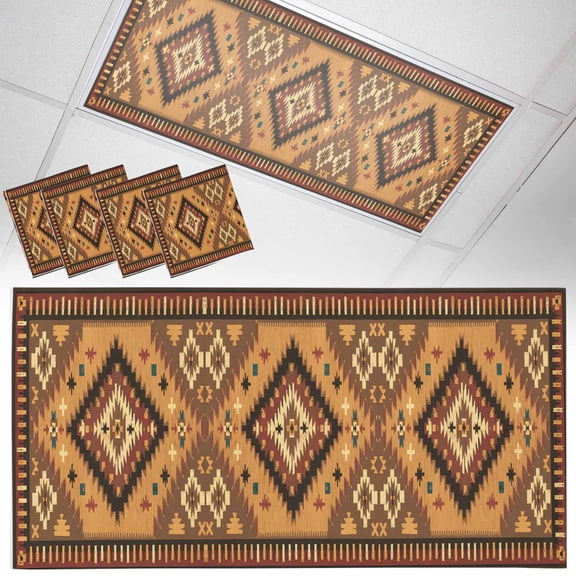 4 Pack Brown Bohemia Turkish Pattern Fluorescent Light Covers for Ceiling Lights Retro Ethnic Style Magnetic Ceiling Light Covers Overhead Light Filters for Office Classroom Home