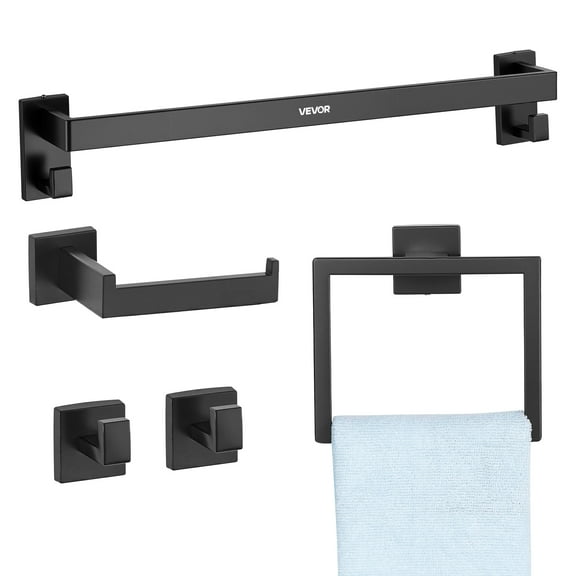 VEVOR Matte Black Bathroom Hardware Set, 5 Pieces Stainless Steel Bathroom Accessories Set, 24-inch Towel Bar, Towel Rack, 2 Robe Towel Hooks, Toilet Paper Holder, for Bath Room, Wall Mounted