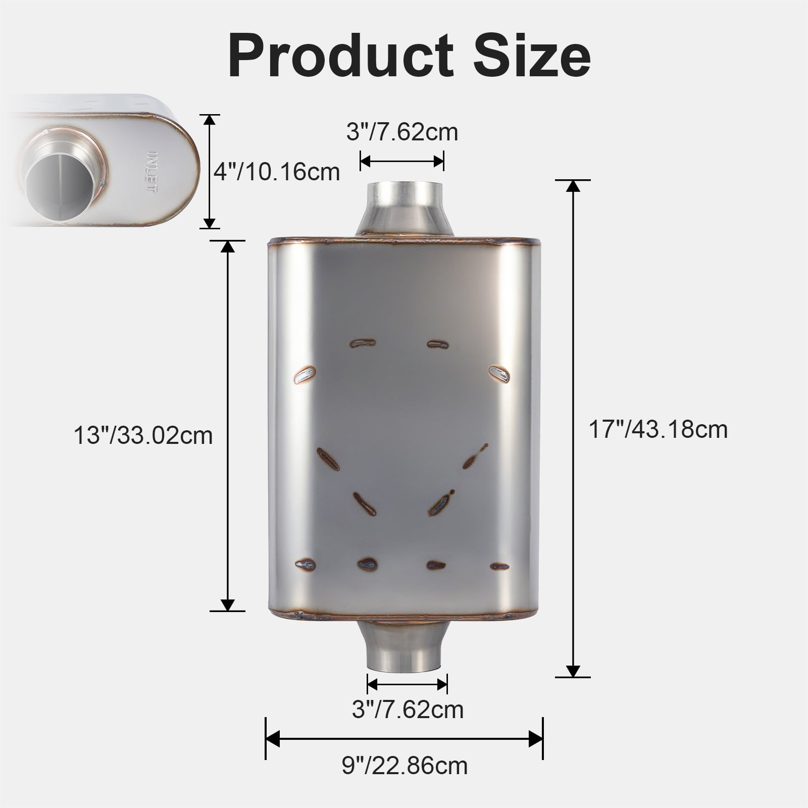 Universal Muffler Single chamber 409 Stainless Steel Performance Muffler for Cars Trucks, 3" Inlet/Outlet, Overall Length 17"