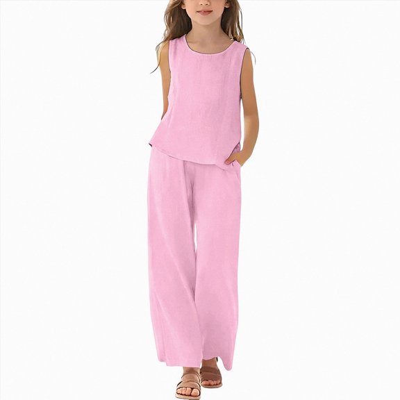 mgoYE Girls Clothing Sets Sleeveless Tank Top Wide Leg Linen Pants 2 Piece Set Kids Summer Beach Outfits Clothes Size 3-14 T Size 5-6 Years