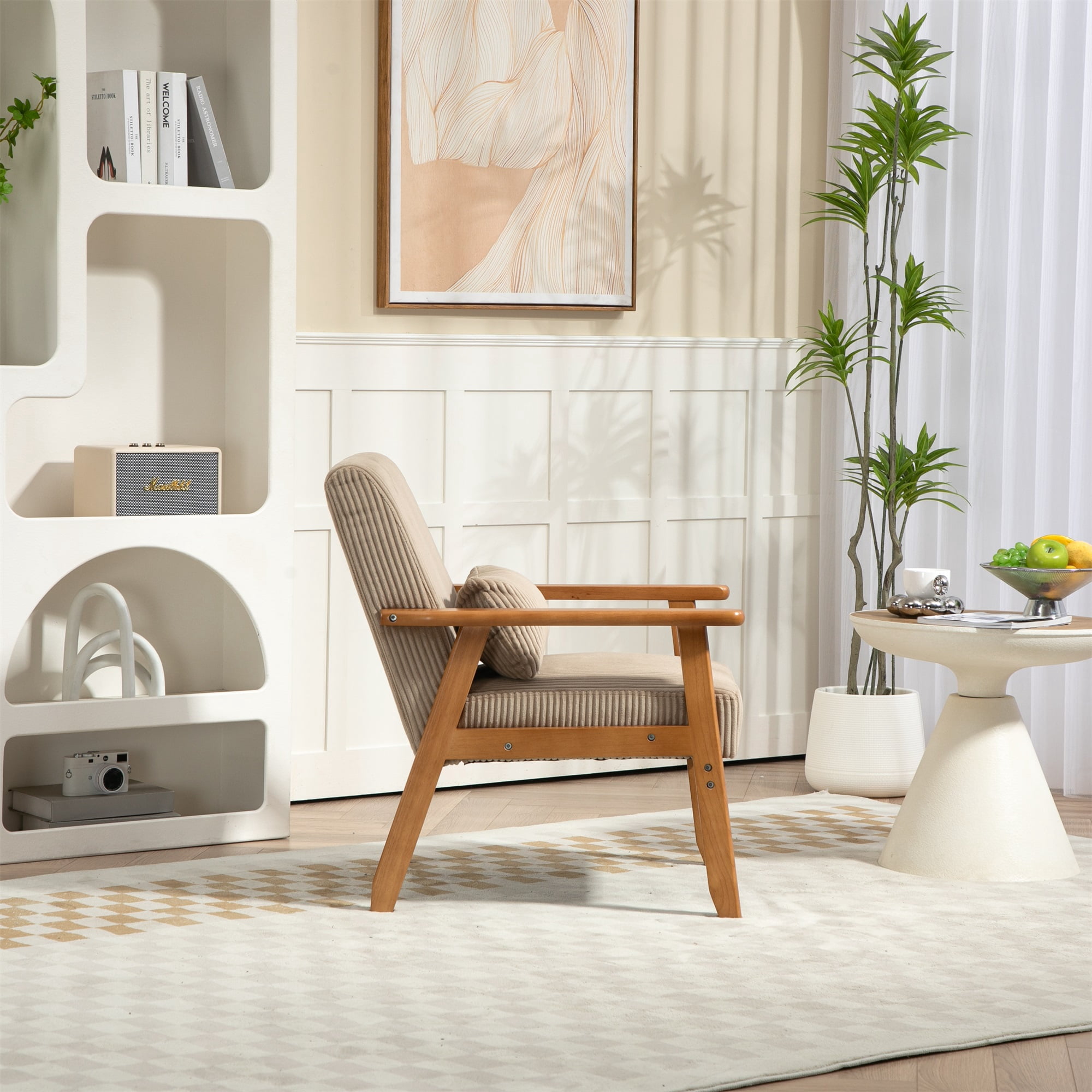Miniyam Corduroy Mid-Century Modern Accent Chair,Leisure Chair with Solid Wood Armrest and Feet,Living Room Reading Chair,Camel