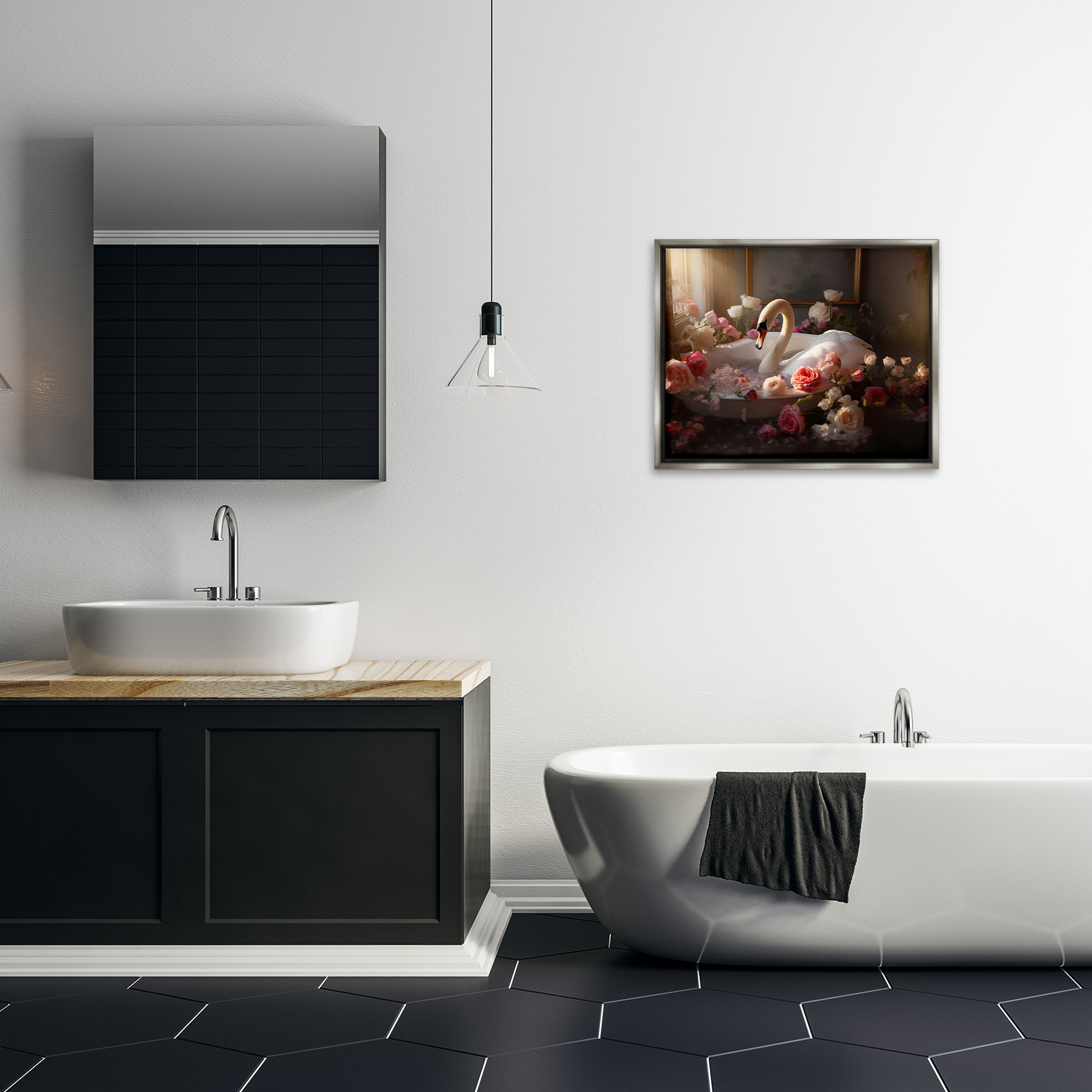 Stupell Industries Swan & Bathroom Roses Animals & Insects Painting Gray Floater Framed Canvas Art Print Wall Art, 31 x 25