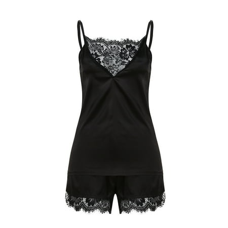 

ICQOVD Women Sleepwear Sleeveless Strap Nightwear Lace Trim Satin Cami Top Pajama Sets