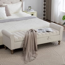 S-HOME Multi-Scenario Modern Upholstered Storage Bench In Napped Fabric With Rolled Armrest And Rubberwood Legs For Living Room Entryway, Beige