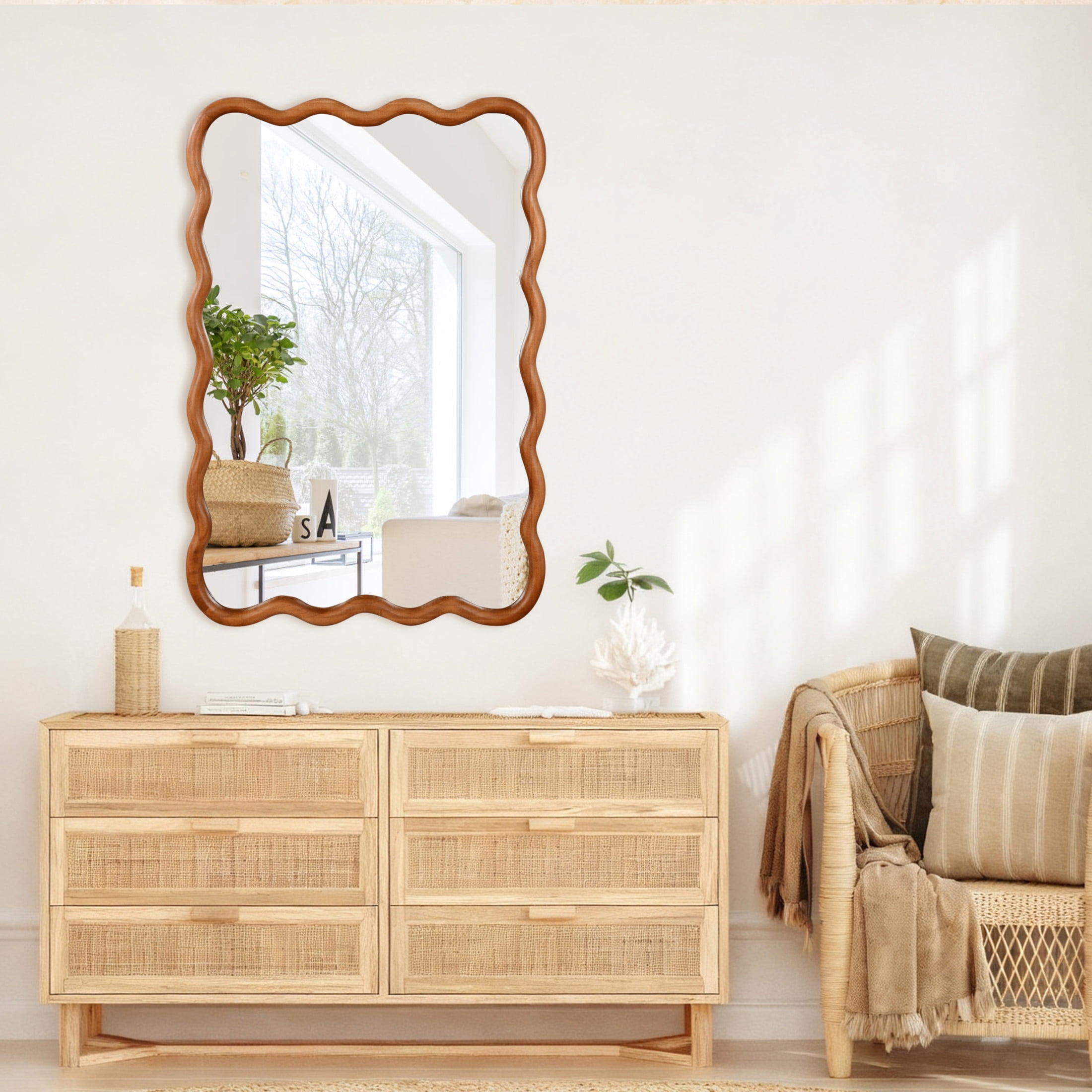 Noble House 24x36 Inch Wavy Rectangle Wall Mirror, Solid Wood Decorative Vanity Mirror, Yellow Brown