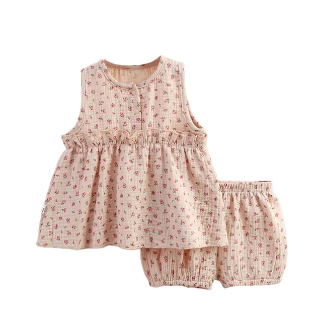 Pajama para Bebés Niñas Conjunto de Verano Cuello Redondo Manga Corta Estampado Floral con Gasa Bowknot Dos Piezas