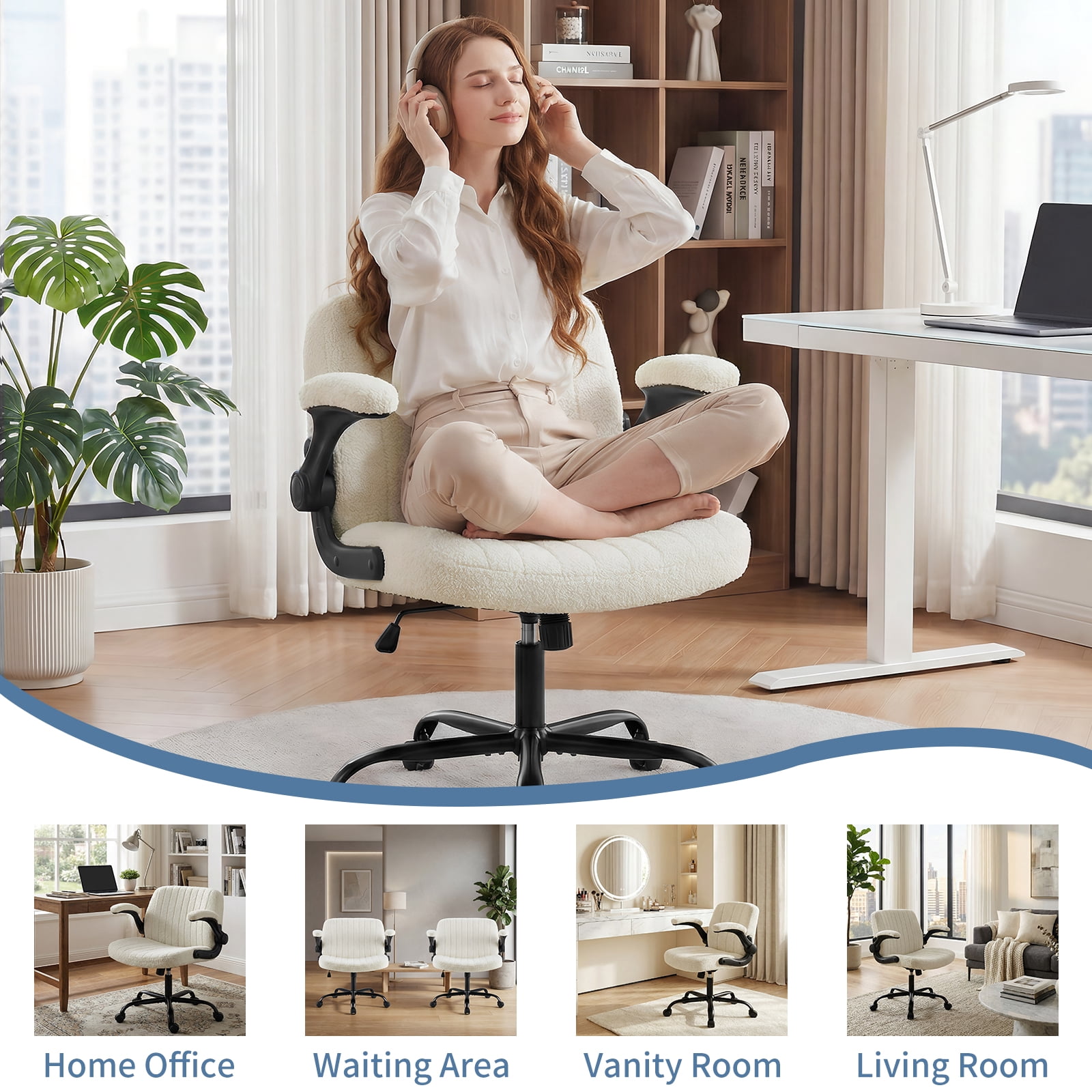 EDX With Armrests Office Chair Cross-Leg Design with Casters, Comfortable Home Dressing Chair, Beige