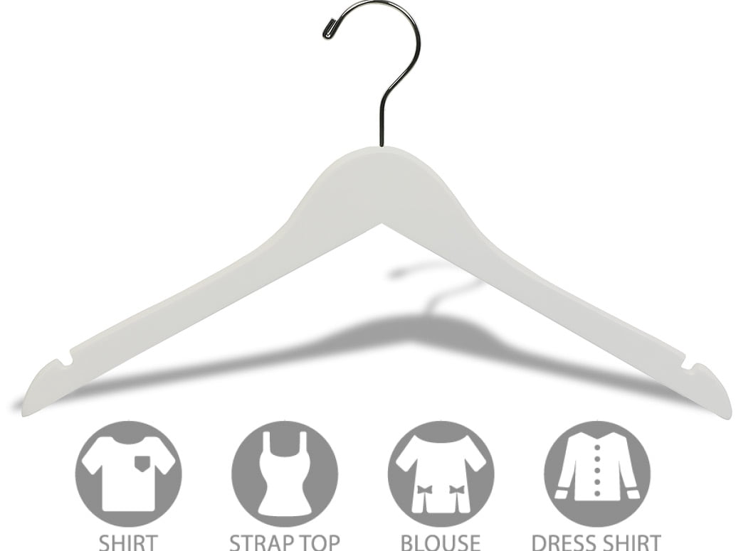 White Wood Top Hanger, Box of 25, Space Saving 17 Inch Flat Wooden Hangers w/ Chrome Swivel Hook & Notches for Shirt Jacket or Dress by International Hanger