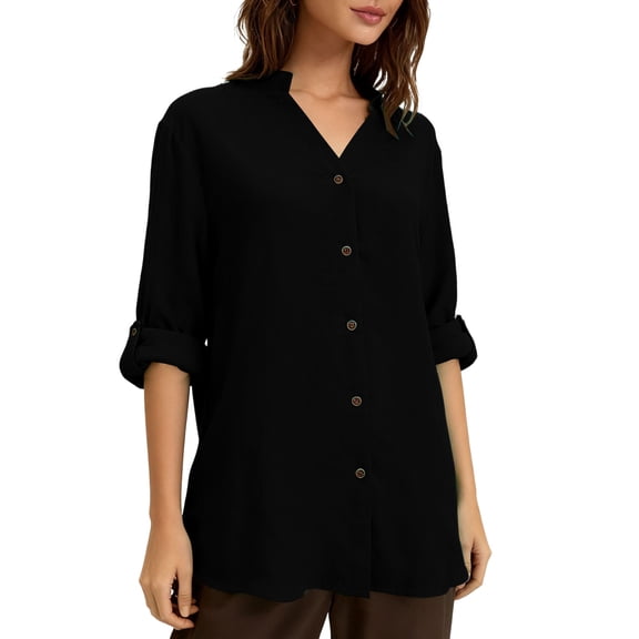 Women's Solid Color Long Sleeve Button Down Shirt with Collar and Pocket