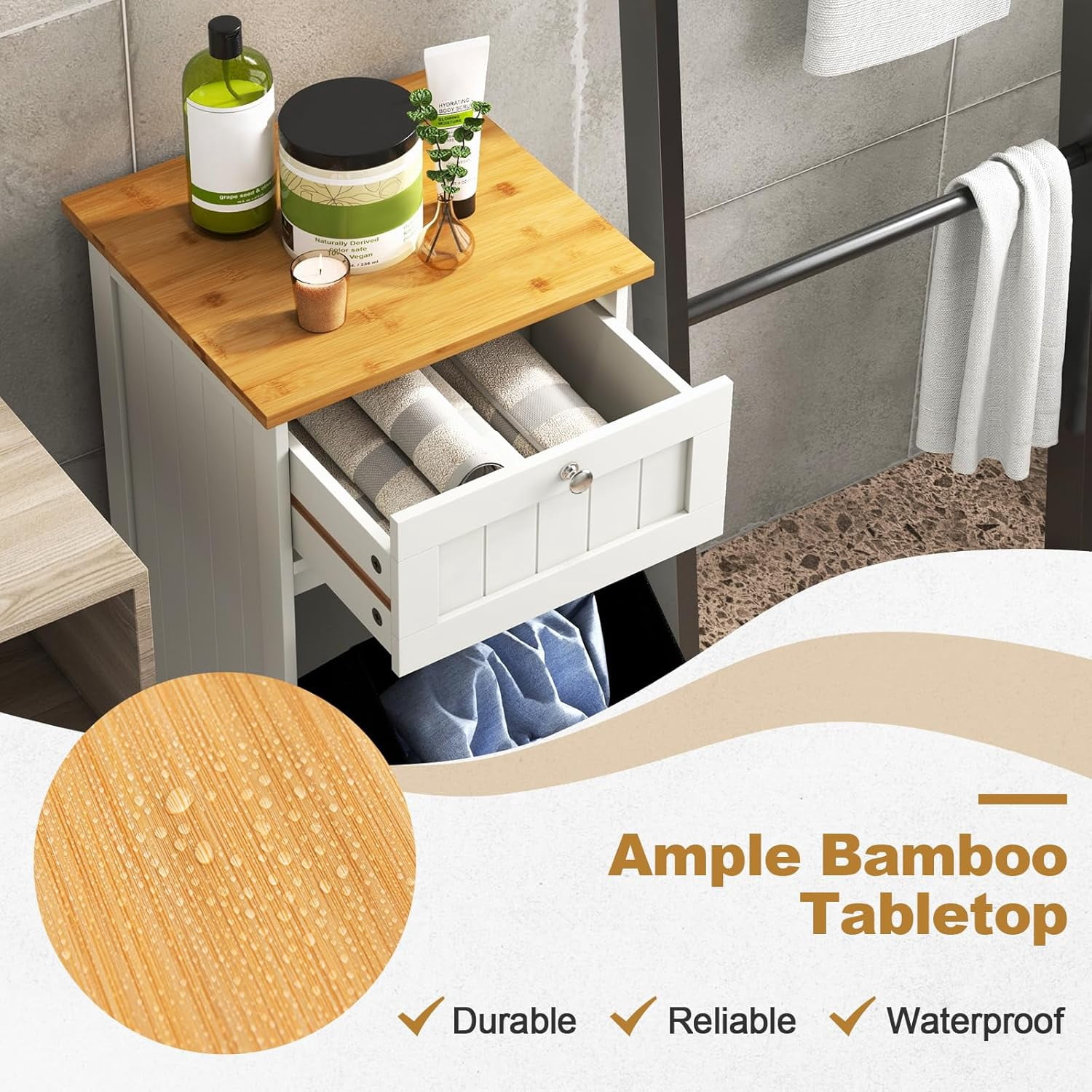 Tilt Out Laundry Cabinet, 10 Gallon Wood Hidden Hamper Cabinet with Removable Basket, Drawer, Bamboo Countertop, Bathroom Storage Cabinet, White