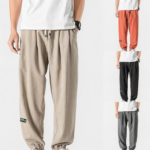 Utoimkio Men's Casual Linen Pants Loose Fit Work Trousers Straight Leg Elastic Drawstring Waist Summer Beach Yoga Long Pants with Pockets