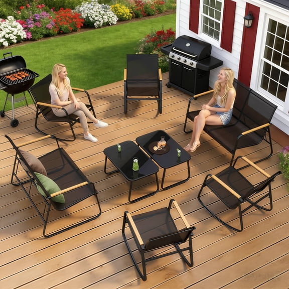 Lofka 8-Piece Patio Furniture Set, Outdoor Conversation Set with 2 Loveseats, 4 Rocking Chairs & 2 Glass Coffee Tables, Black