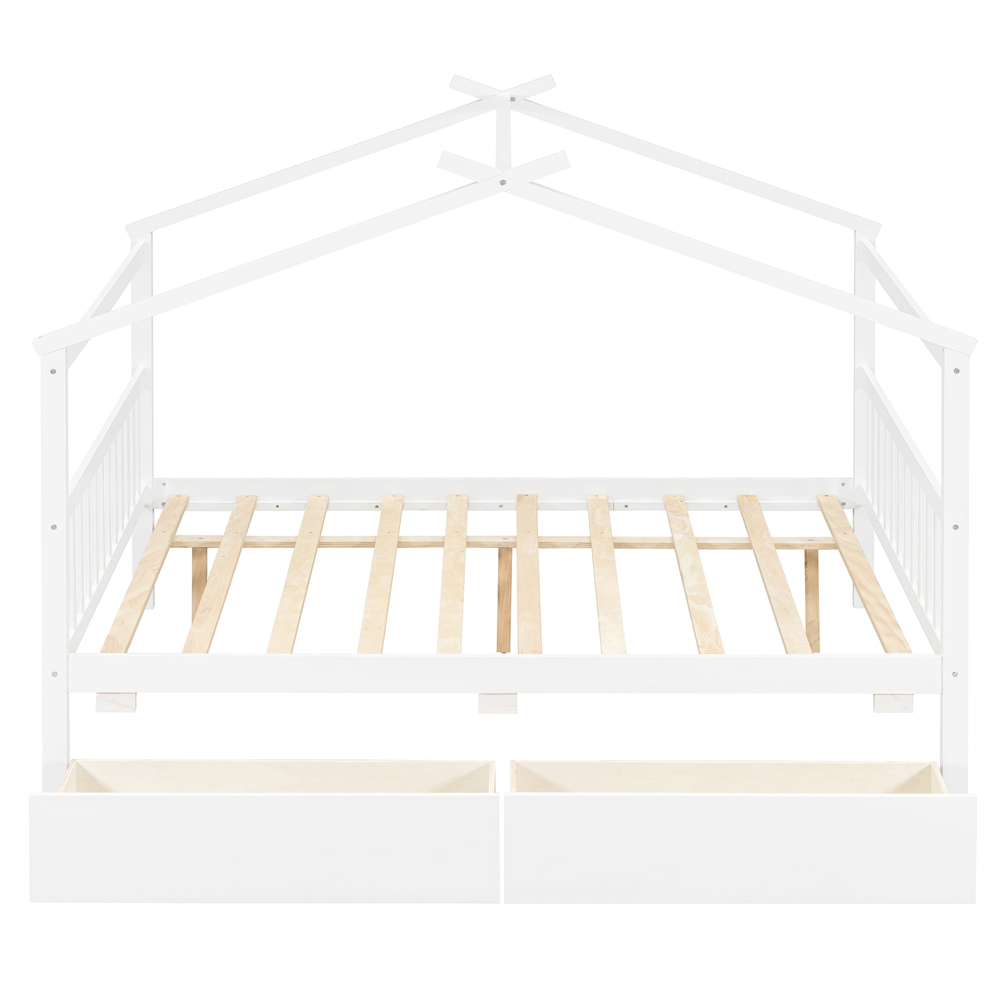 Aukfa Full Size House Bed with Two Storage Drawers for Kids, Solid Wood Montessori Bed Frame, White