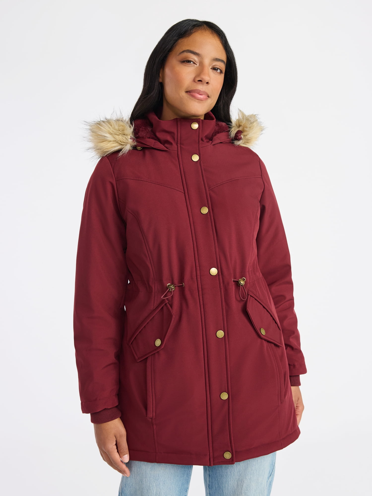 Time and Tru Women's and Women's Plus Hooded Anorak Jacket with Faux Fur Trim, Heavyweight, Sizes XS-2X