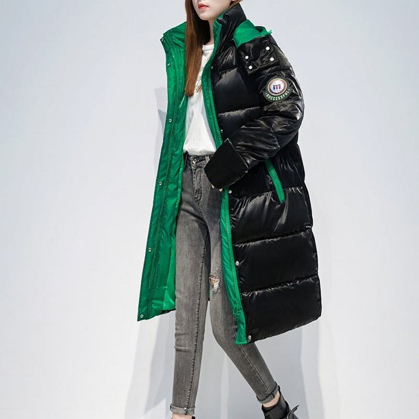 Chaqueta larga hasta la rodilla brillante mate para mujer, chaqueta holgada de algodón con capucha
