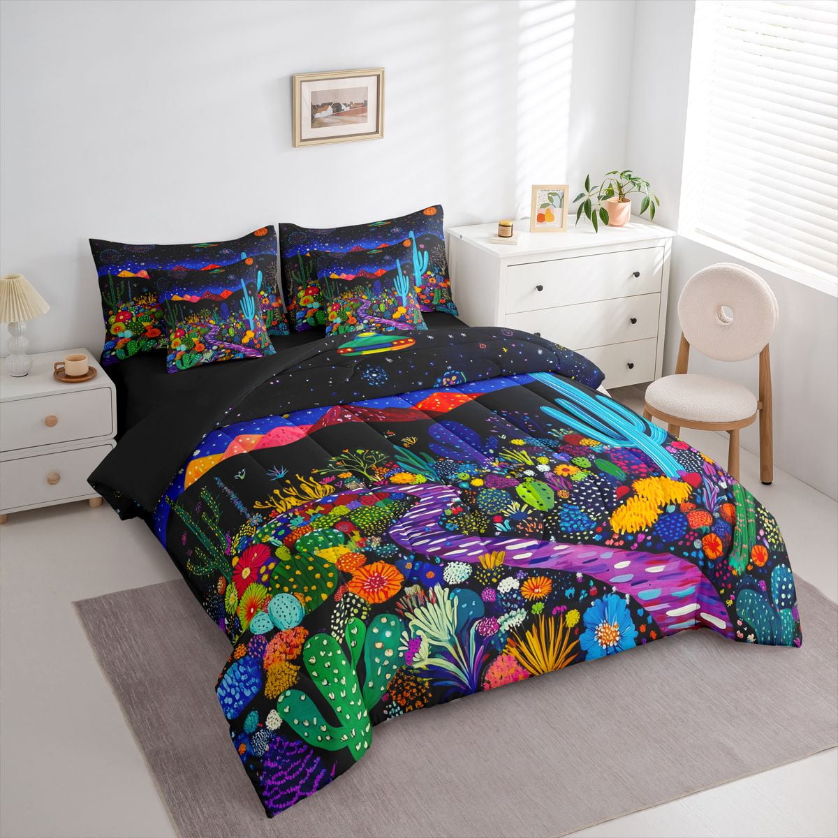 jejeloiu 3D Tropical Botanical 7 Pieces Bedding Comforter Set,Cactus Flowers Floral Full Bedding Set,Boho Exotic Style Fitted Sheet Flat Sheet For Men Women,Super Cozy Room Decor Reversible