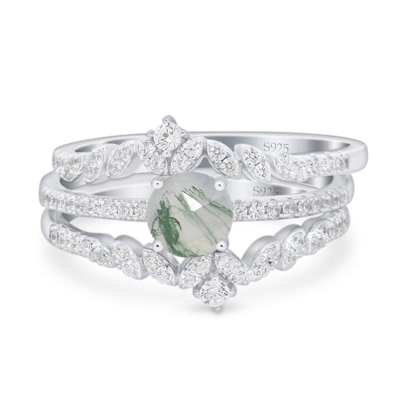 Natural Green Moss Agate Size-5 Three Piece Art Deco Round Leaf Style Band CZ Wedding Set Engagement Bridal Ring 925 Sterling Silver Gifts For Her