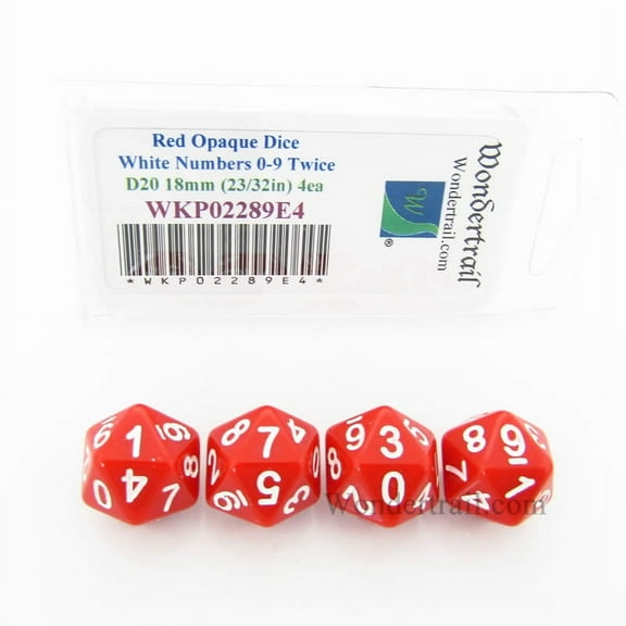 Red Opaque Dice with White Numbers D20 (0 - 9 Twice) 18mm (23/32in) Pack of 4 Wondertrail