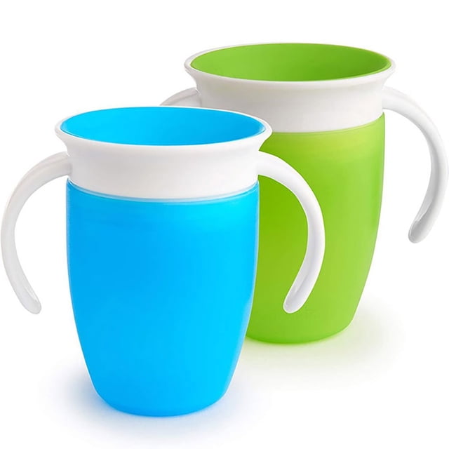Juego de vasos para sorber 360 Trainer y para niños pequeños, a prueba de derrames, paquete de 2, azul/verde, vaso a prueba de fugas y asfixia, vaso de aprendizaje