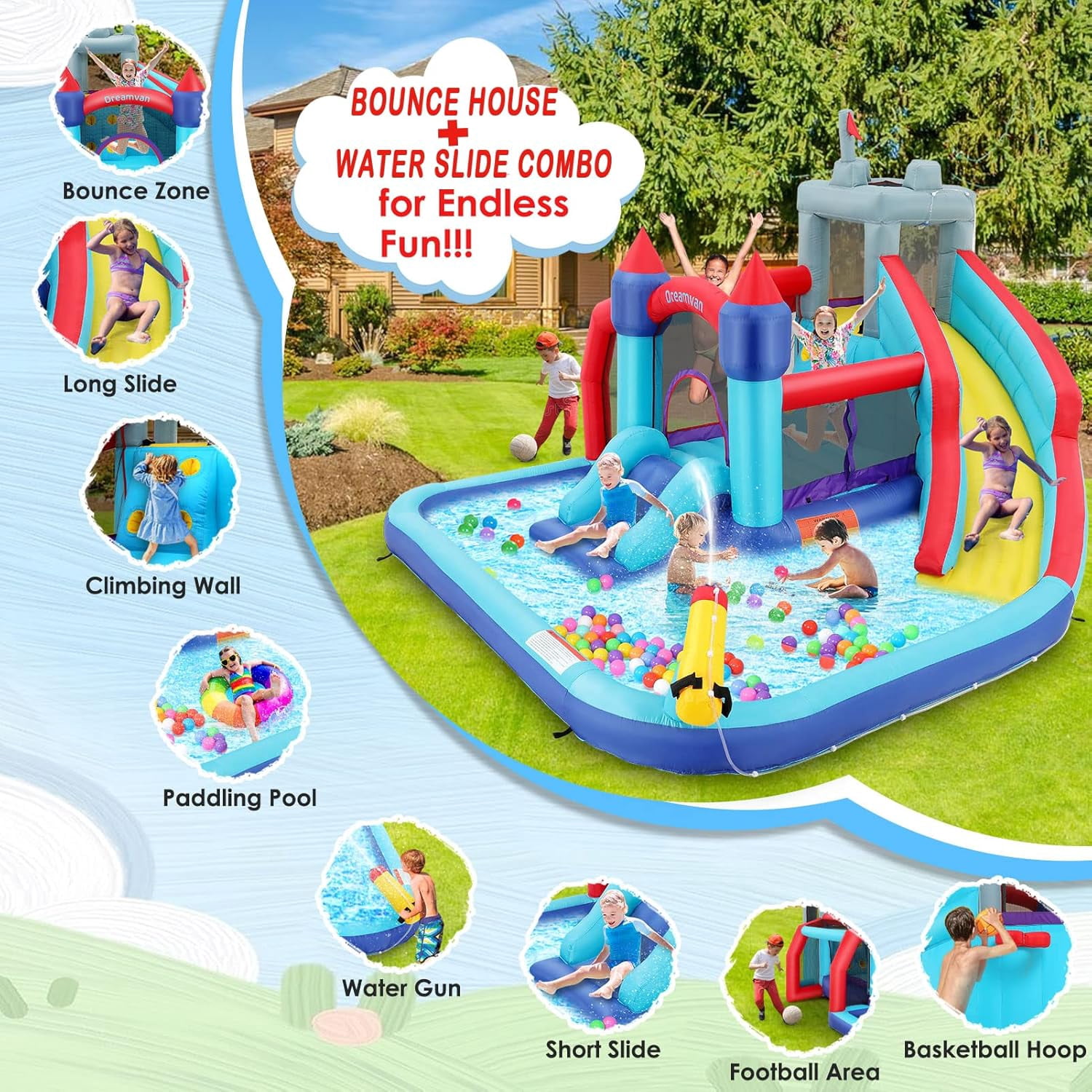 Veeboto Inflatable Bounce House for Toddlers with Blower, Inflatable Water Slide with Bouncing Slides, Climbing Wall, Bouncing Area, Basketball Hoop, Water Gun, Inflatable Castle with Football Area